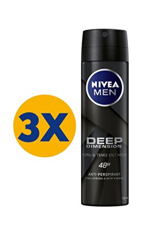 Nivea Deep Dimension Antiperspirant Ter Önleyici Leke Yapmayan Erkek Sprey Deodorant 150 ml x 3