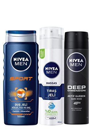 Nivea Deep Dimension Antiperspirant Ter Önleyici Leke Yapmayan Erkek Sprey Deodorant 150 ml + Şampuan 500 ml + Tıraş Jeli 200 ml