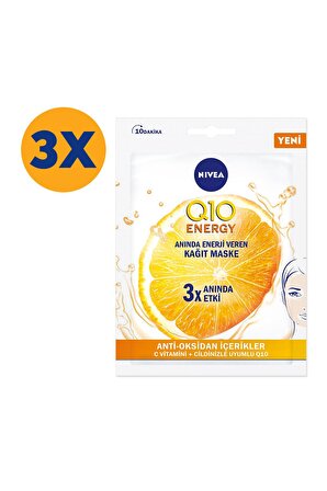 Nivea Q10 Energy Kağıt Maske, Anti-Oksidan İçerikler C Vitamini + Ciltle uyumlu Q10,1 adet x 3