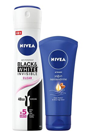 Nivea Black & White Invisible Clear Antiperspirant Ter Önleyici Leke Yapmayan Kadın Sprey Deodorant 150 ml + El Kremi 75 ml