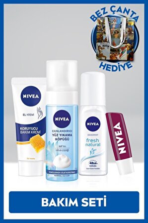 NIVEA Deodorant 75ml,Yüz Yıkama Köpüğü,El Kremi,Dudak Bakım Kremi, Bez Çanta Hediye