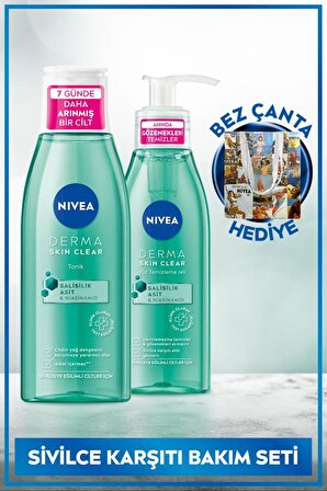 NIVEA Derma Skin Clear Sivilce Karşıtı Yüz Temizleme Jeli 150ml ve Tonik 200ml,Bez Çanta Hediye