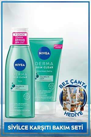 NIVEA Derma Skin Clear Sivilce Karşıtı Yüz Temizleyici Peeling 150ml,Tonik 200ml,Bez Çanta Hediye