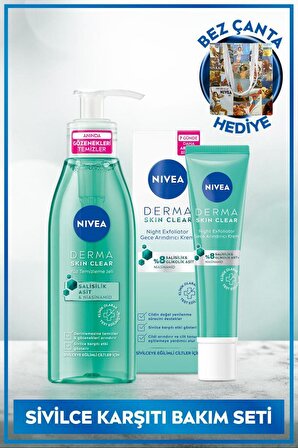 NIVEA Derma Skin Clear Sivilce Karşıtı Yüz Temizleme Jeli 150ml ve Gece Kremi 40ml,Bez Çanta Hediye