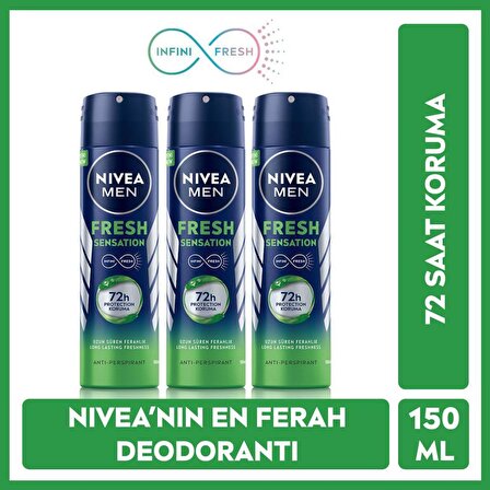 Nivea Men Fresh Sensation Sprey Deodorant 150 Ml X3,72 Saat Anti-perspirant Koruma,uzun Süren Ferahlık
