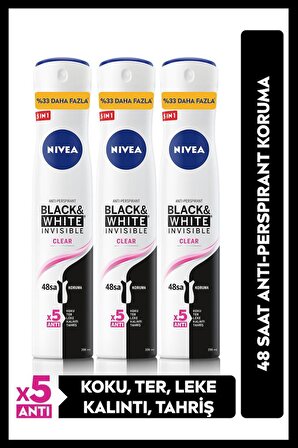 NIVEA Kadın Sprey Deodorant Black&White Invisible Clear 48 Saat Anti-perspirant Koruma 200mlx3adet