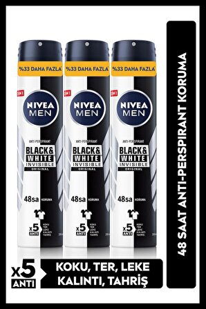 NIVEA MEN Erkek Sprey Deodorant  Black&White Invisible Original 48 Saat Anti-perspirant Koruma 200mlx3Adet