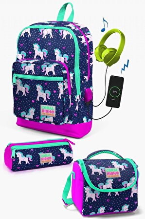 Coral High Kids Lacivert Pembe Unicorn Desenli USB'li 3’lü Okul Çanta Seti - Kız Çocuk
