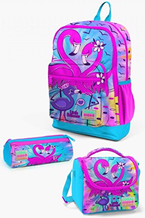 Coral High Kids Mavi Pembe Flamingo Desenli 3’lü Okul Çanta Seti - Kız Çocuk İlkokul Çanta Takımı