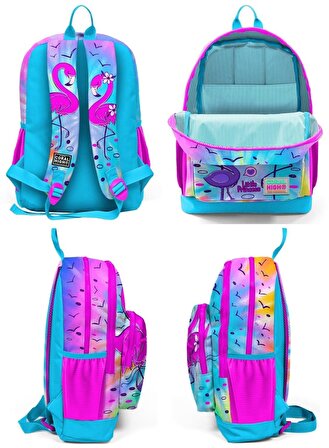 Coral High Kids Mavi Pembe Flamingo Desenli 3’lü Okul Çanta Seti - Kız Çocuk İlkokul Çanta Takımı