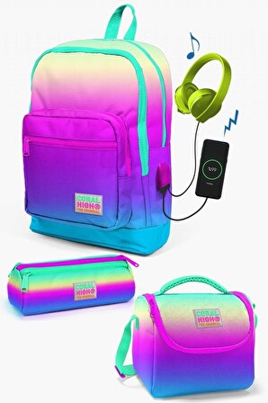 Coral High Kids Renk Geçişli USB'li 3’lü Okul Çanta Seti - Kız Çocuk