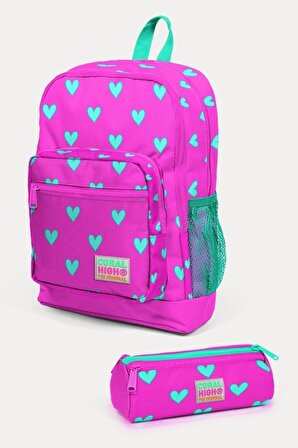 Coral High Kids Neon Pembe Su Yeşili Kalp Desenli 2'li Okul Çanta Seti - Kız Çocuk