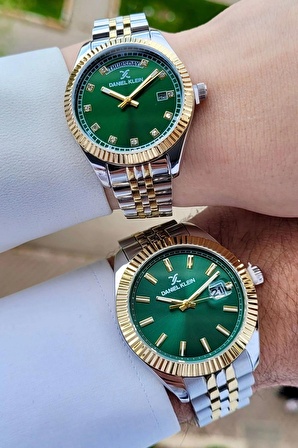 Daniel Klein DKISTE1091Kadranı Yeşil Gold Gümüş Renk Hediye Paketli Sevgili İki Kol Saati