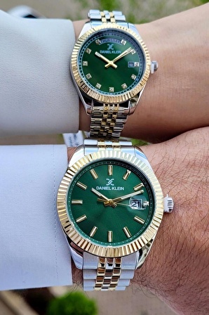 Daniel Klein DKISTE1091Kadranı Yeşil Gold Gümüş Renk Hediye Paketli Sevgili İki Kol Saati