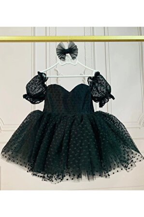 Kız Çocuk Siyah Flok Tül Kalp Detaylı Prenses Kol Kabarık Elbise