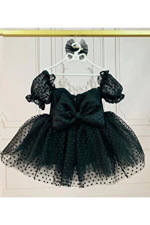 Kız Çocuk Siyah Flok Tül Kalp Detaylı Prenses Kol Kabarık Elbise