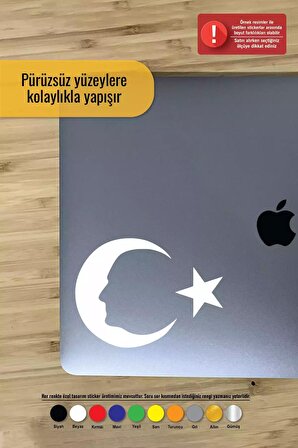 Ay Yıldız Atatürk Silüet Sticker Oto Motor Laptop Duvar Folyo Sticker 10 cm Genişlik Beyaz Renk