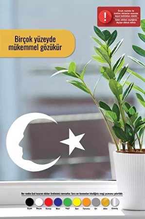 Ay Yıldız Atatürk Silüet Sticker Oto Motor Laptop Duvar Folyo Sticker 10 cm Genişlik Beyaz Renk