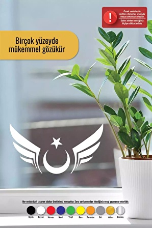 Kanatlı Türk Bayrağı Sticker Oto Motor Laptop Duvar Folyo Sticker 10 cm Genişlik Beyaz Renk