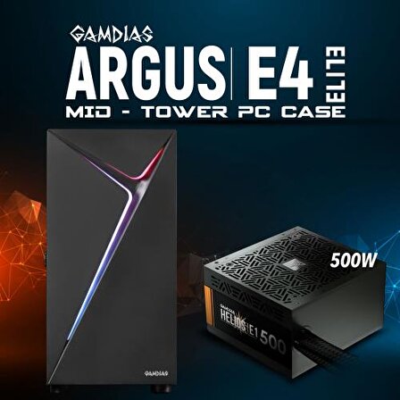 GAMDIAS ARGUS E4 Elite, 500W, Tempered Glass, ARGB, ATX GAMING KASA