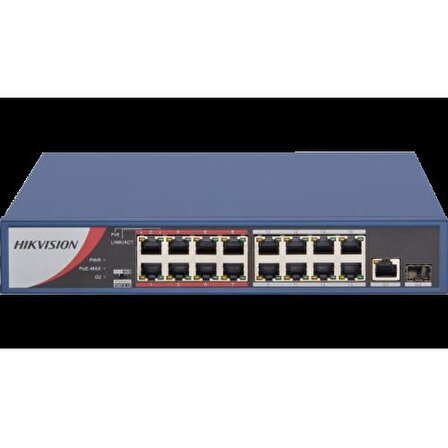 HIKVISION DS-3E0318P-E/M, 16 Port, MegaBit, 16 Port PoE, 130W, +1 Port GigaBit Uplink, +1 Port GigaBit SFP, Yönetilemez, Rack Mount Switch