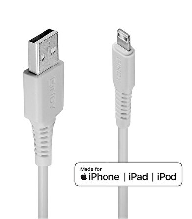 LIN-31325 iPod®, iPhone®, iPad® için USB Senkronizasyon ve Şarj Kablosu, Lightning Konektörlü, USB 2.0 Tip A Erkek <-> Lightning C89 Erkek, 0.5 metre, Beyaz Renk