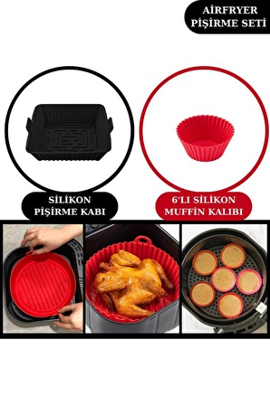 Onikiden Airfryer Silikon Kare Pişirme Kabı ve 6’lı Kek Muffin Kalıbı Set- Hava Fritözleriyle Uyumlu