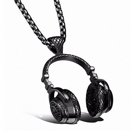 HEADPHONE KULAKLIK MÜZİK ERKEK SİYAH ÇELİK KOLYE ZİNCİR Q0659