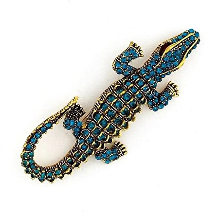 Mavi Timsah Crocodile Zirkon Taşlı Büyük Boy Rozet Broş Pin RZ087