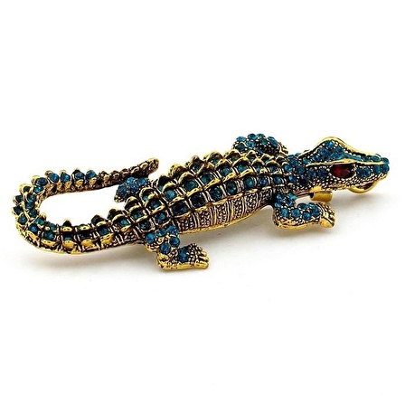 Mavi Timsah Crocodile Zirkon Taşlı Büyük Boy Rozet Broş Pin RZ087