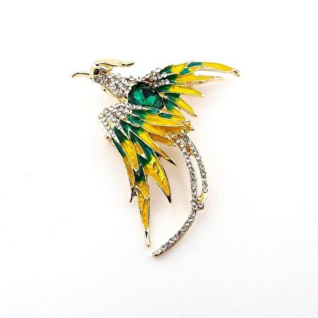 Zümrüdü Anka Kuşu Phoenix Yeşil Sarı Zirkon Metal Broş RZ119