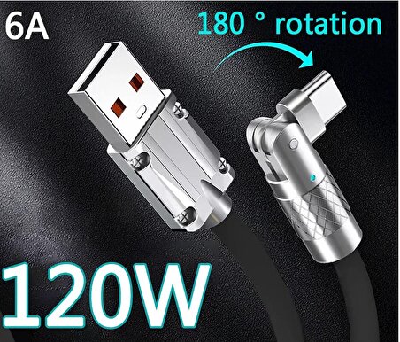 120 W 6A 180 Derece Döner Başlıklı Type-C Şarj Kablosu Usb Data Hızlı Şarj Kablosu - Katlanmaz Kırılmaz Dayanıklı Uzun Ömürlü