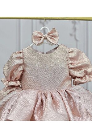 Kız Çocuk Somon Parıltılı Kloş Balon Kol Kabarık Elbise