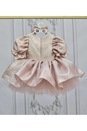 Kız Çocuk Somon Parıltılı Kloş Balon Kol Kabarık Elbise
