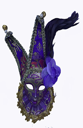 Parti Malzemesi Çıngıraklı Dekoratif Tüylü Seramik Maske Mor Renk