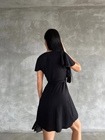 FSGLOBAL Kadın Bürümcük Kumaş Kruvaze Yaka Beli Kuşaklı Mini Elbise