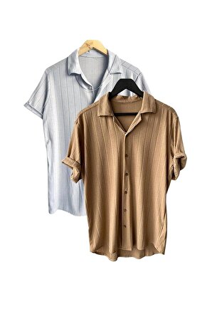 Erkek Pamuklu 2’li Yazlık Kısa Kollu Slim Fit Gömlek 