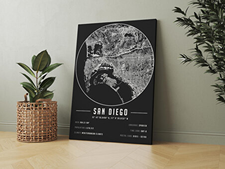 San Diego 50x70 cm Şehir Haritası Kanvas Tablo