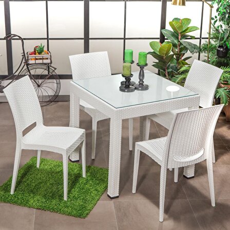 Rattan Small Camlı Beyaz Masa Takımı Bahçe&balkon 1 Camlı Masa + 4 Sandalye