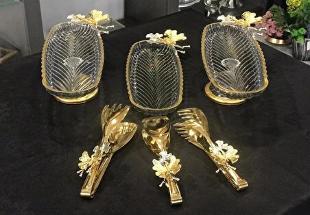 Avangard Gold Çift Kelebekli Gold Yaldızlı 3 Adet Sunumluk Ve 3'lü Servis Setinden Muhteşem Set