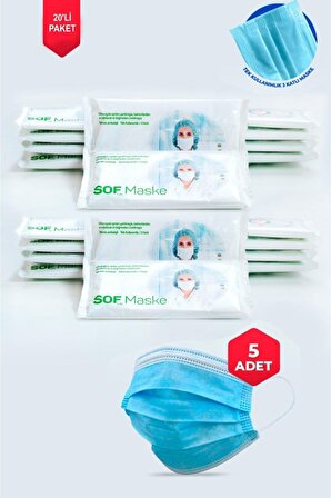 SOF 3 Katlı Meltblown-spunbond Cerrahi Maske 20 Adet 5 Li Paket 100 Adet Cerrahi Maske Mavi
