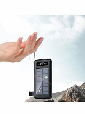 10000 Mah Powerbank Göstergeli Powerbank Solar Fenerli Güneş Enerjili Type C - Lightning - Micro USB - USB Kablolu Powerbank Taşınabilir Şarj Aleti Hızlı Şarj Aleti