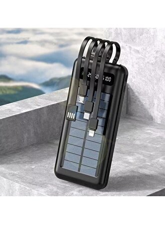 10000 Mah Powerbank Göstergeli Powerbank Solar Fenerli Güneş Enerjili Type C - Lightning - Micro USB - USB Kablolu Powerbank Taşınabilir Şarj Aleti Hızlı Şarj Aleti