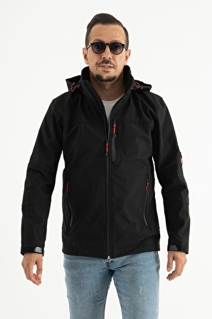 Erkek Siyah Dar Kesim Içi Polar Su Itici Rüzgar Geçirmez Outdoor Softshell Mont