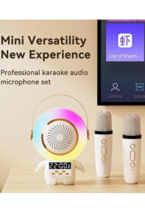 Astronot RGB Bluetooth Hoparlör Kablosuz Karaoke Taşınabilir Led Parti Işıklı Mikrofon Seti PEMBE