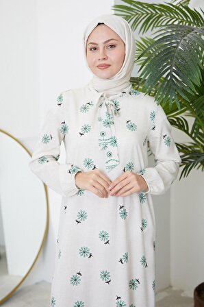 Yaka Fularlı Etek Büzgülü Elbise-Mint