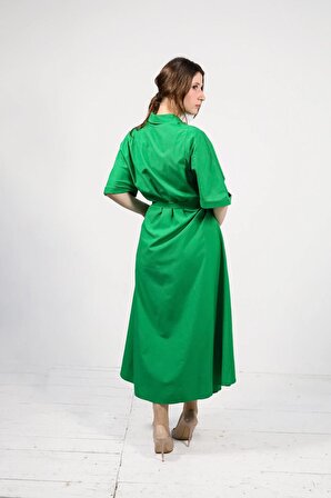 Rahat ve Zarif: Yeşil Gömlek Elbise - Düğmeli ve Belden Bağlamalı