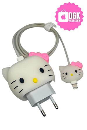 Apple 18-20 Watt Hızlı Şarj Uyumlu Şarj Başlığı Ve Kablo Koruyucu Set Hello Kitty Figürlü