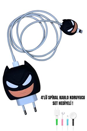 Apple 18-20 Watt Hızlı Şarj Uyumlu Şarj Başlığı Ve Kablo Koruyucu Set Batman Figürlü
