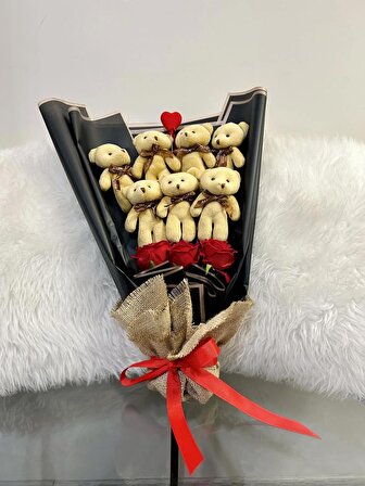 Solmayan Gül Teddy Bear Peluş Ayıcık Buketi Yıldönümü Doğum Gününe Özel Premium Hediye